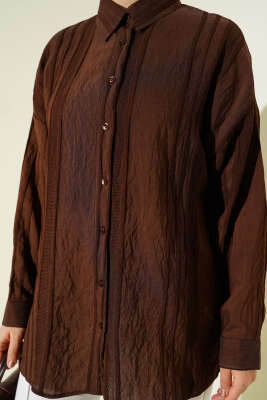 Petek Şeritli Oversize Gömlek Kahve - Gömlek