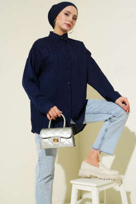 Petek Şeritli Oversize Gömlek Lacivert - NEVA MODA