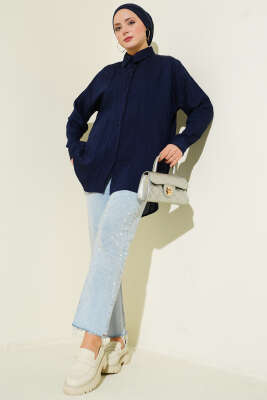 Petek Şeritli Oversize Gömlek Lacivert - Gömlek