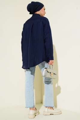 Petek Şeritli Oversize Gömlek Lacivert - Gömlek