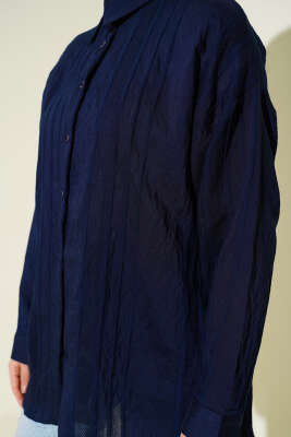 Petek Şeritli Oversize Gömlek Lacivert - Gömlek