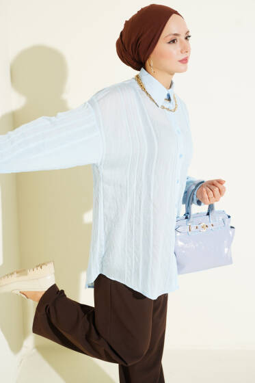 Petek Şeritli Oversize Gömlek Mavi - Gömlek