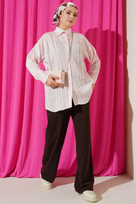 Petek Şeritli Oversize Gömlek Pembe - 500-700 TL Ürünler