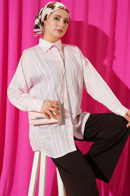 Petek Şeritli Oversize Gömlek Pembe - NEVA MODA