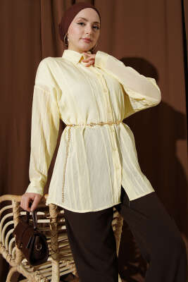 Petek Şeritli Oversize Gömlek Sarı - NEVA MODA