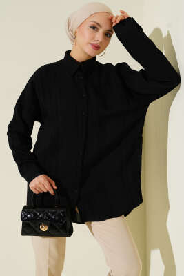 Petek Şeritli Oversize Gömlek Siyah - NEVA MODA