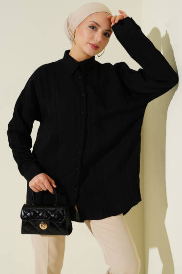 Petek Şeritli Oversize Gömlek Siyah - Gömlek