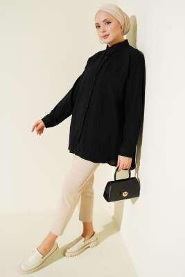 Petek Şeritli Oversize Gömlek Siyah - Gömlek