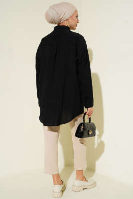 Petek Şeritli Oversize Gömlek Siyah - Gömlek