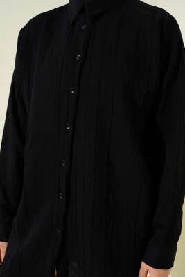 Petek Şeritli Oversize Gömlek Siyah - Gömlek