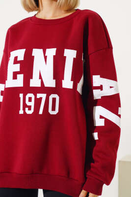 Phoenixaz Baskılı Şardonlu Sweatshirt Bordo - Kadın Giyim Modelleri