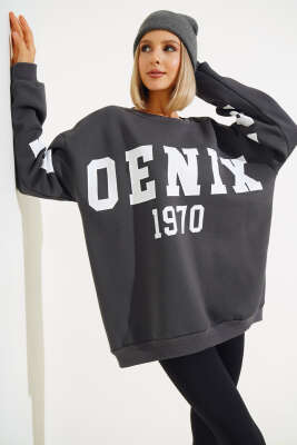 Phoenixaz Baskılı Şardonlu Sweatshirt Füme - Kadın Giyim Modelleri