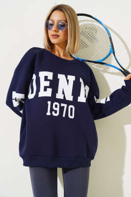Phoenixaz Baskılı Şardonlu Sweatshirt Lacivert - Kadın Giyim Modelleri