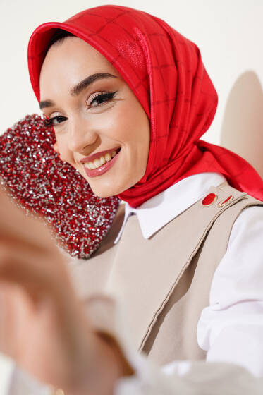 Picasso Kumlu Jakar Eşarp Kırmızı - Başörtüsü