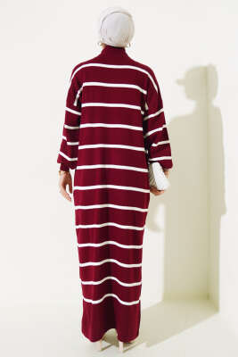 Pike Çizgili Triko Elbise Bordo - Tesettür Elbise