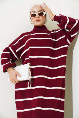 Pike Çizgili Triko Elbise Bordo - Tesettür Elbise