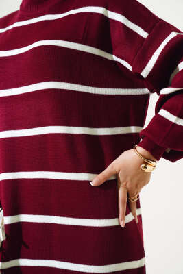 Pike Çizgili Triko Elbise Bordo - Tesettür Elbise