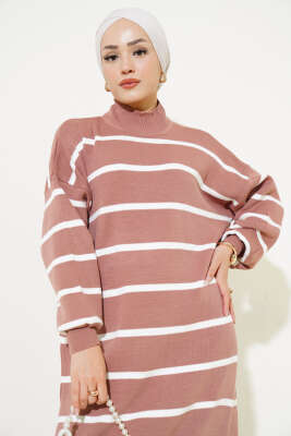 Pike Çizgili Triko Elbise Gül Kurusu - Tesettür Elbise