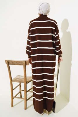 Pike Çizgili Triko Elbise Kahve - Tesettür Elbise