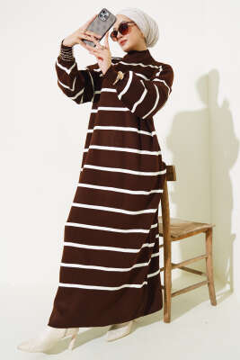 Pike Çizgili Triko Elbise Kahve - KILIÇ TRİKO