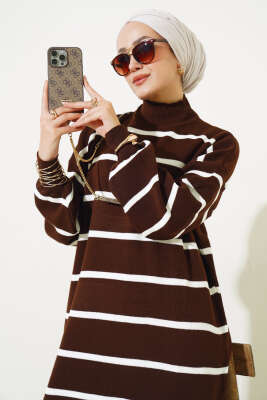 Pike Çizgili Triko Elbise Kahve - Tesettür Elbise