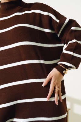 Pike Çizgili Triko Elbise Kahve - Tesettür Elbise