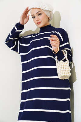 Pike Çizgili Triko Elbise Lacivert - Tesettür Elbise