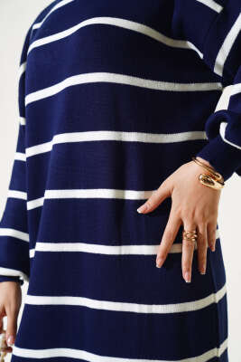 Pike Çizgili Triko Elbise Lacivert - Tesettür Elbise
