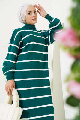 Pike Çizgili Triko Elbise Nefti - Tesettür Elbise