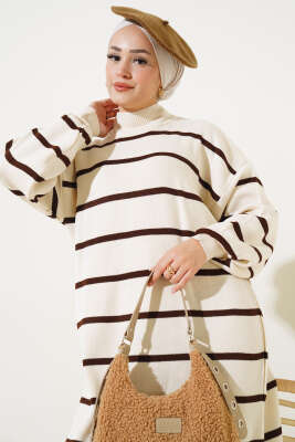 Pike Çizgili Triko Elbise Taş - Tesettür Elbise