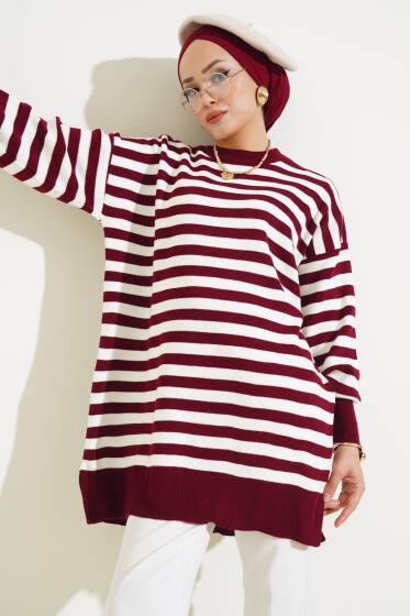 Pike Çizgili Triko Tunik Bordo - Triko Tunik