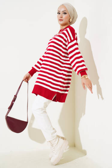 Pike Çizgili Triko Tunik Kırmızı - Triko Tunik
