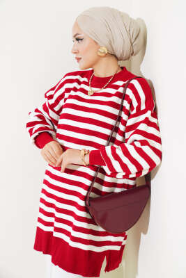 Pike Çizgili Triko Tunik Kırmızı - Triko Tunik