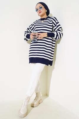 Pike Çizgili Triko Tunik Lacivert - Triko Tunik