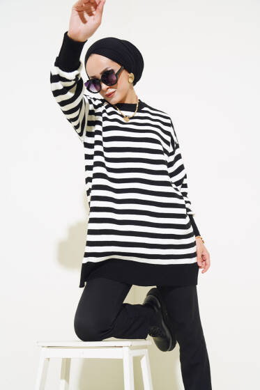 Pike Çizgili Triko Tunik Siyah - Spor Tunik