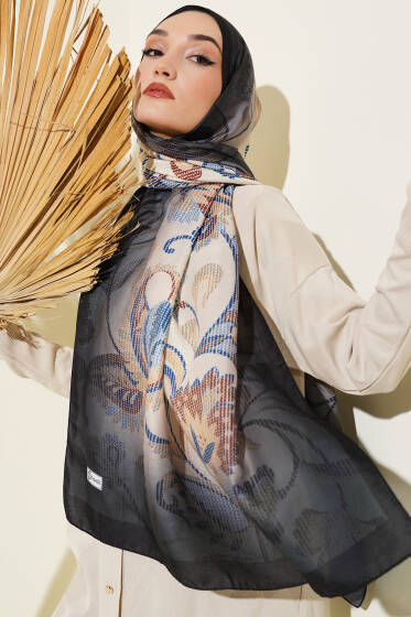 Piksel Paisley Desen Şal Siyah Bej - Başörtüsü