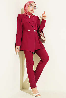 Pile Detaylı Blazer Ceketli İkili Takım Bordo - MODA BESİ