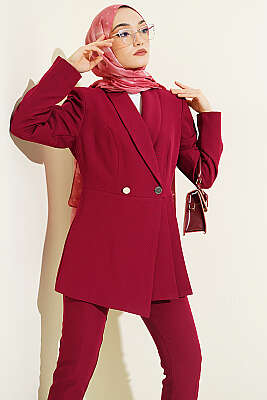 Pile Detaylı Blazer Ceketli İkili Takım Bordo - İkili Takım