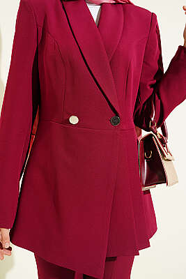 Pile Detaylı Blazer Ceketli İkili Takım Bordo - İkili Takım