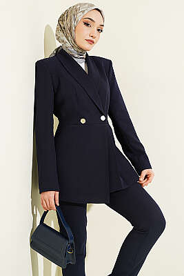 Pile Detaylı Blazer Ceketli İkili Takım Lacivert - MODA BESİ