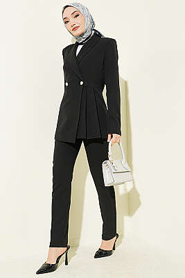 Pile Detaylı Blazer Ceketli İkili Takım Siyah - MODA BESİ