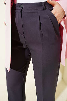 Pile Detaylı Bol Paça Pantolon Füme - Pantolon