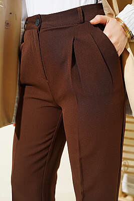 Pile Detaylı Bol Paça Pantolon Kahve - Pantolon