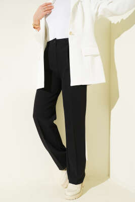 Pile Detaylı Bol Paça Pantolon Siyah - Pantolon