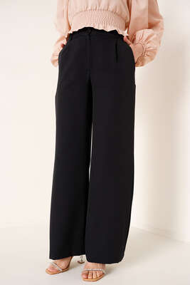 Pile Detaylı Boru Paça Pantolon Siyah - Pantolon