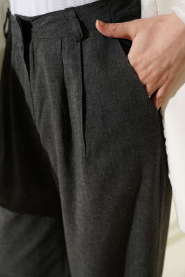 Pile Detaylı Cepli Bol Paça Pantolon Antrasit - Pantolon