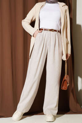 Pile Detaylı Cepli Bol Paça Pantolon Bej - FİXAY