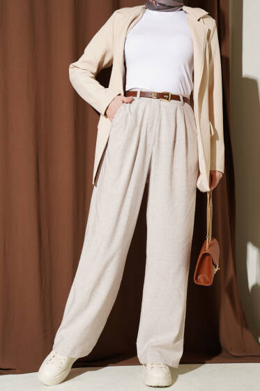 Pile Detaylı Cepli Bol Paça Pantolon Bej - Pantolon