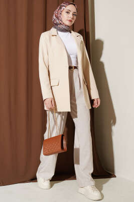 Pile Detaylı Cepli Bol Paça Pantolon Bej - Pantolon