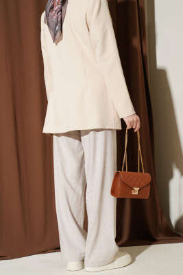 Pile Detaylı Cepli Bol Paça Pantolon Bej - Pantolon